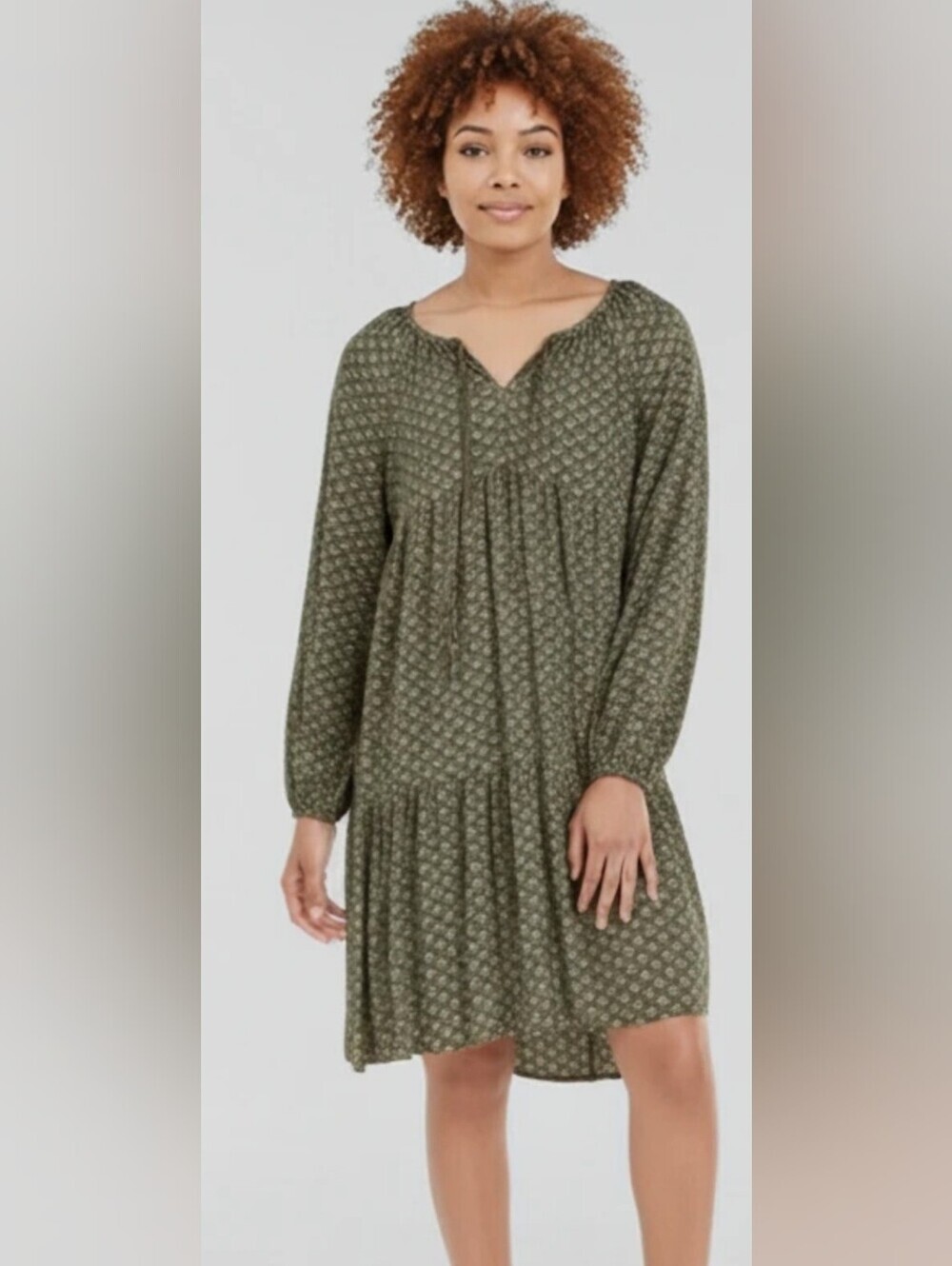 Sonoma Womens Size XL Olive Green Printed Long Sleeve Midi Dress